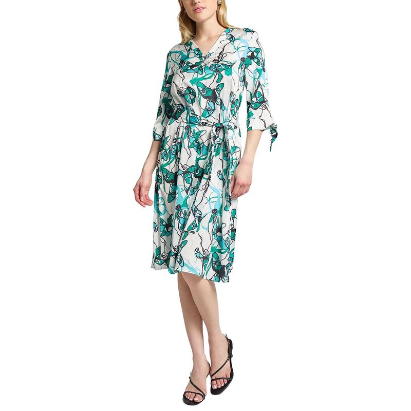 Ming Wang Womens Printed Charmeuse Tie-Sleeve A-Line Dress